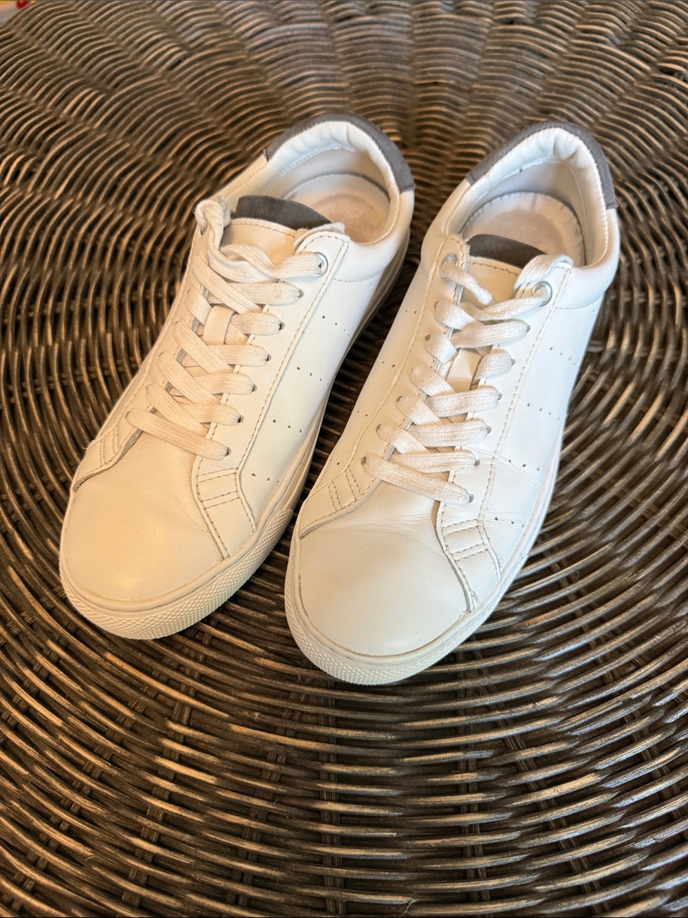 J. Crew Factory Leather White Low-Top Sneakers with Gray Suede Heel